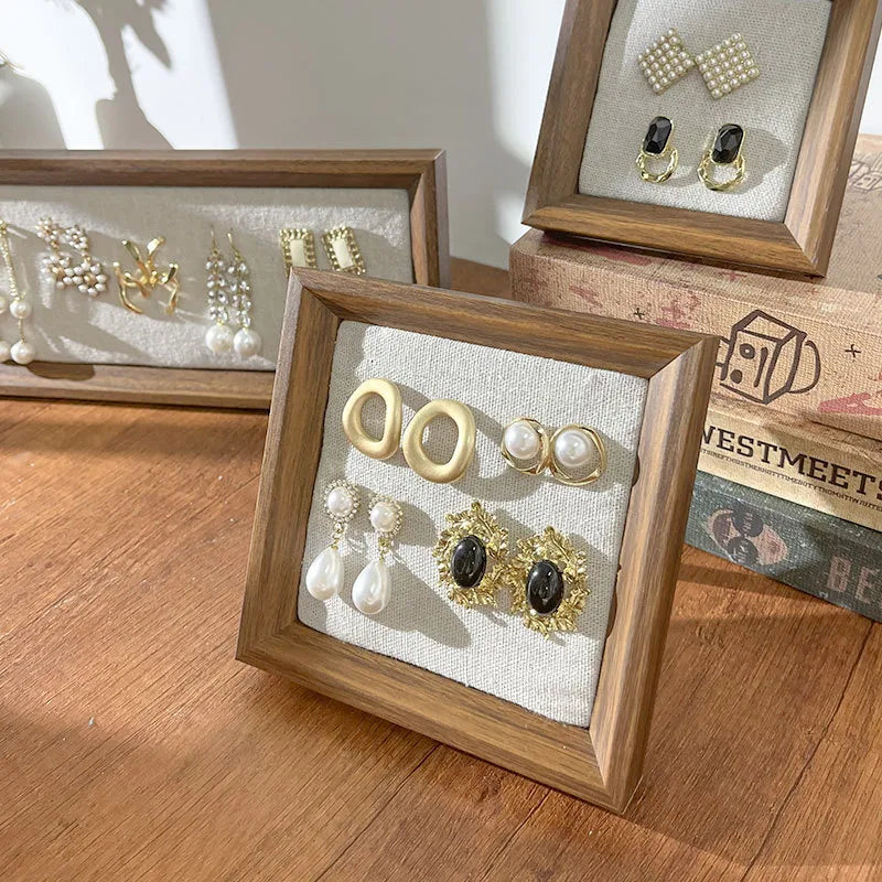 Retro Picture Frame Jewelry Stand Creative Ear Cuff Display Board Earring Necklace Storage Rack Nordic Style Wood Material