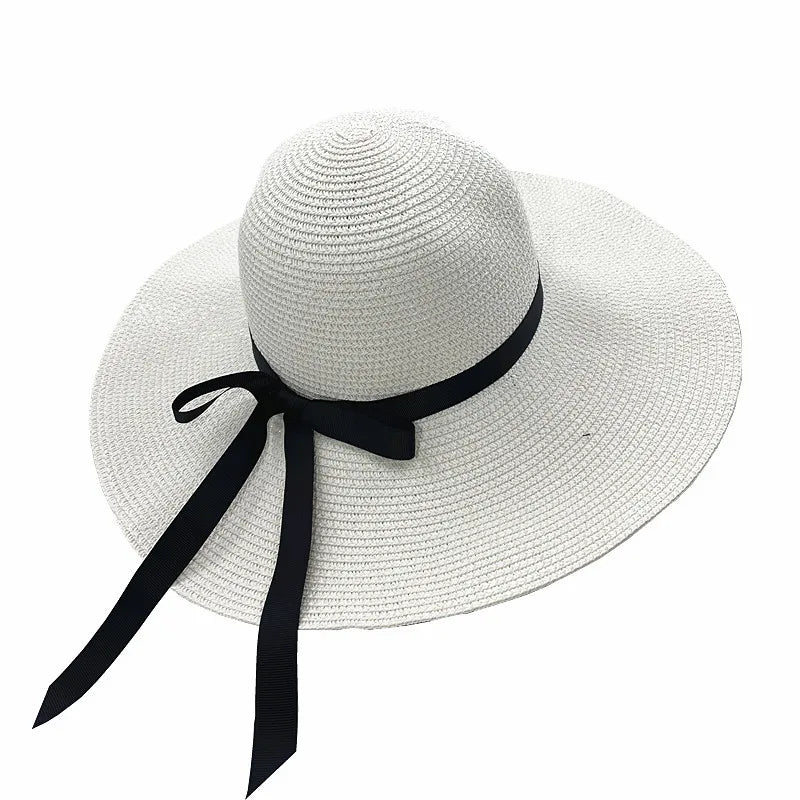 women's vacation solid color bowknot big eaves straw hat