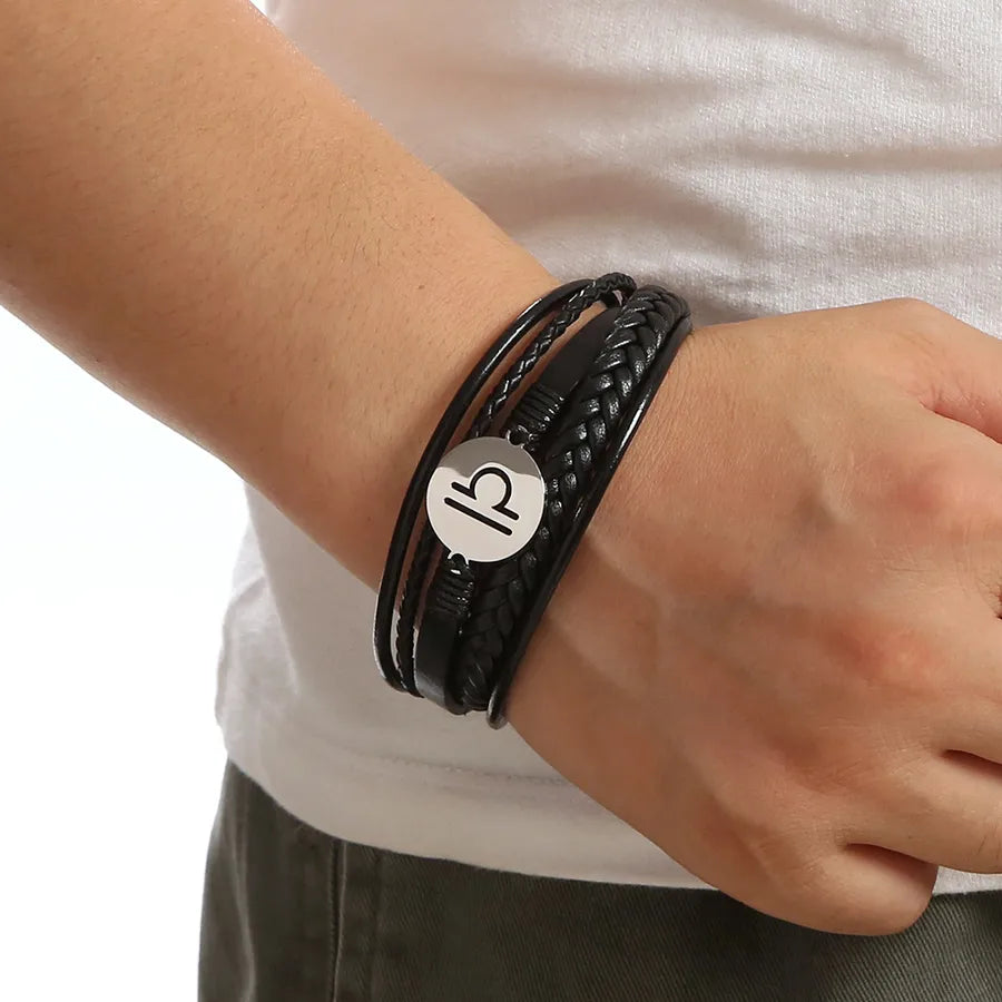 Simple Style Constellation 316 Stainless Steel  Pu Leather Layered Men's Bangle