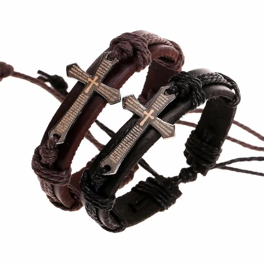 punk cross pu leather rope men's bracelets
