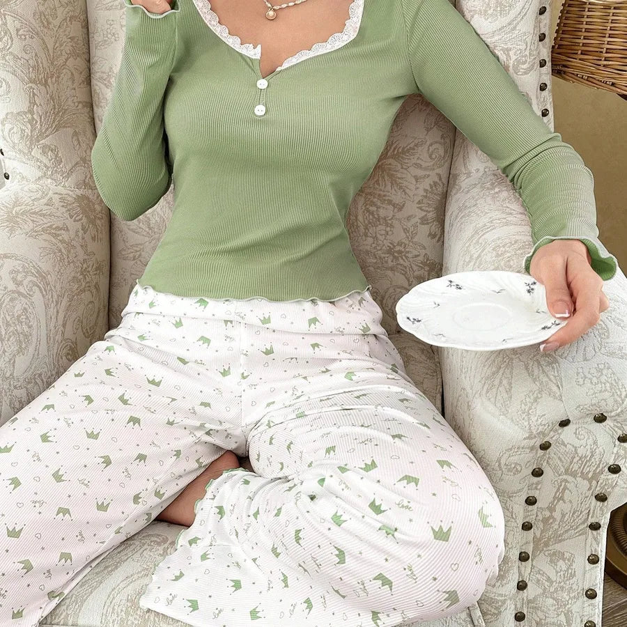 Ladies Lace Trim Round Neck Long Sleeve Sleepwear Set Home Clothes Crown Pattern Thickened Polyester Knitted Fabric All Seasons