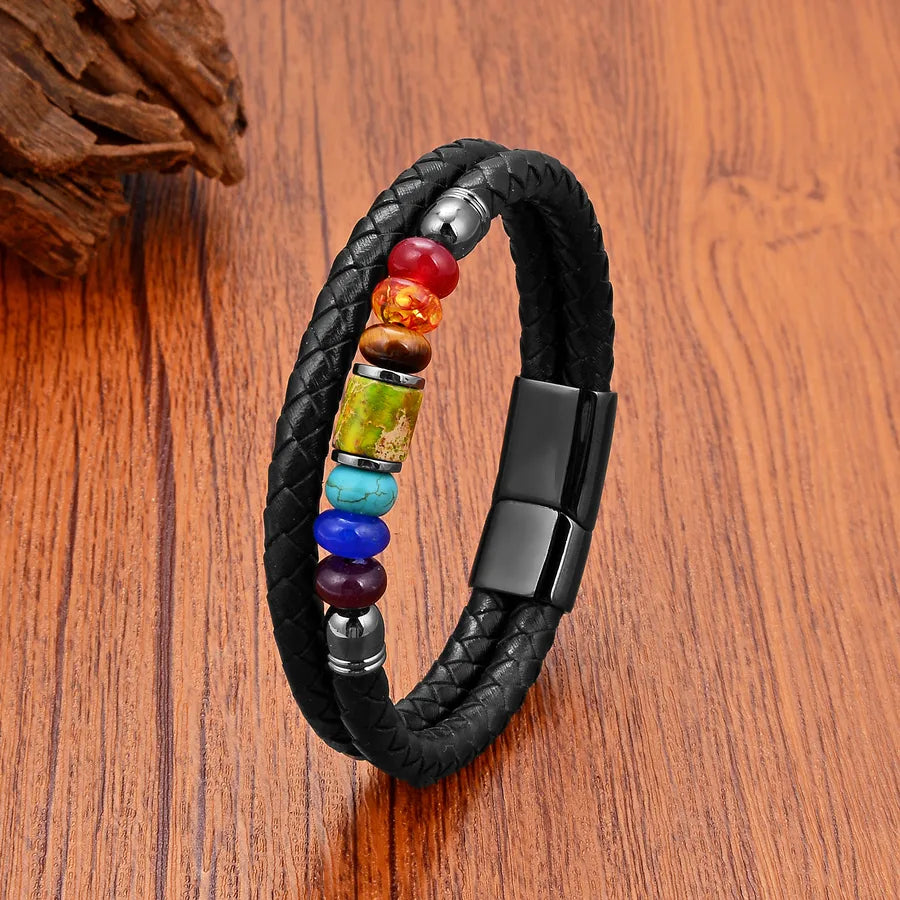 Casual Simple Style Round Leather rope Stone Metal Beaded Unisex Bracelets