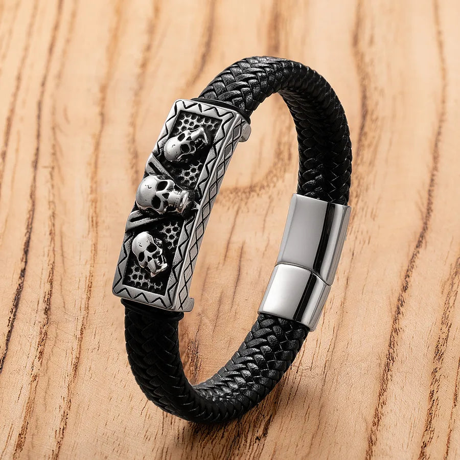 Vintage Style Punk Classic Style Skull 316 Stainless Steel  Leather rope Halloween Men's Bracelets