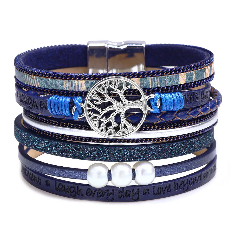 fashion hollow tree of life embossed letters pearl bracelet wholesale