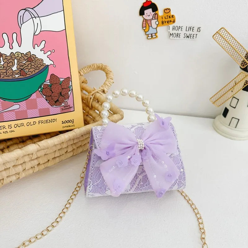New Children's Bag Crossbody Bag Fashion Pearl Handbag Lace Bow Girl Princess Accessories Bag