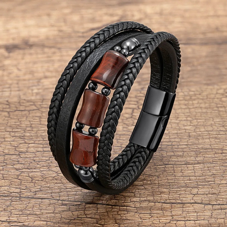 vintage style punk geometric leather rope stone metal layered handmade men's bracelets