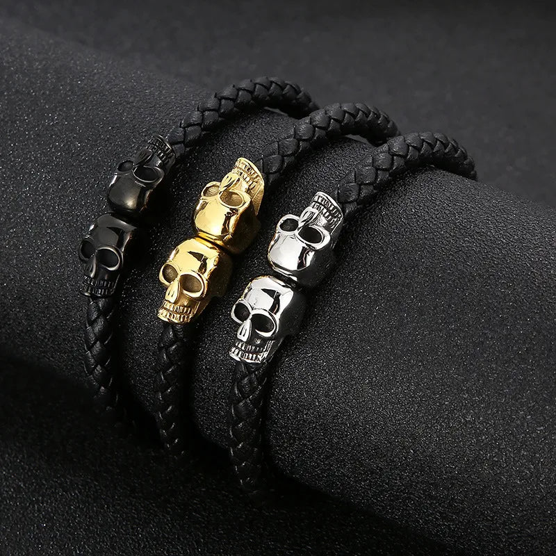 Retro Color Block Pu Leather Titanium Steel Plating 18K Gold Plated Men's Bangle