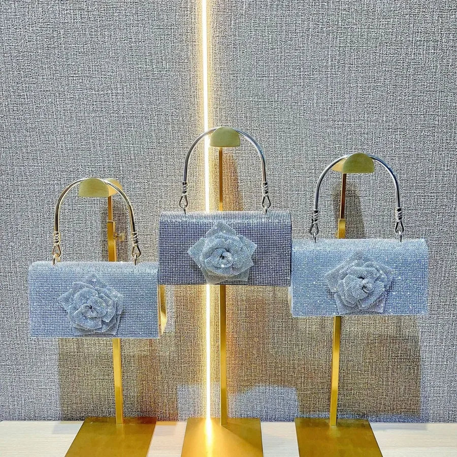 New Full Drill Handbag Water Diamond Flower Chain Small Square Bag Handbag Single Shoulder Slant Cross Evening Bag Ladies Purse