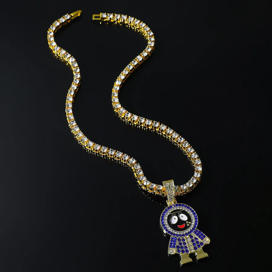 5mm Tennis Chain Tennis Chain   Blue Diamond Small Black Face Cartoon Full Diamond Hip Hop Necklace