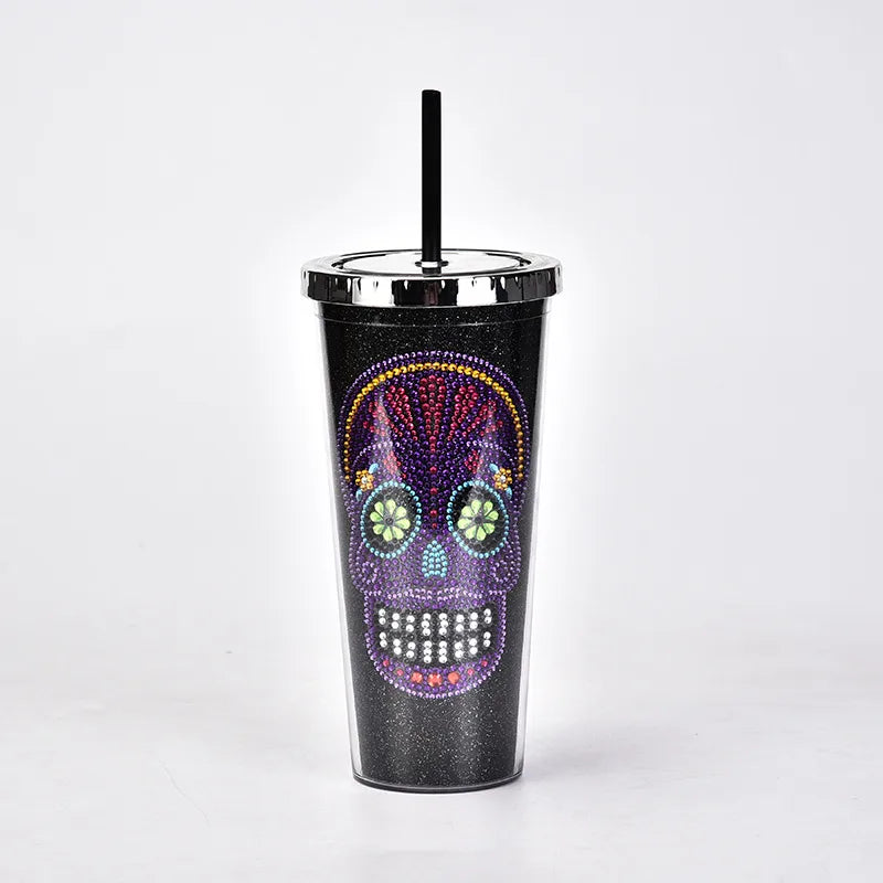 new double-layer plastic straw cup creative halloween skull head large capacity drink cup