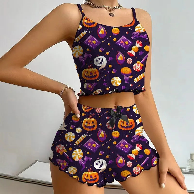 Halloween  Printed Sleeveless Sling Top Women's Suit Spice Girls Short Sexy Sling Sling Shorts for Hair