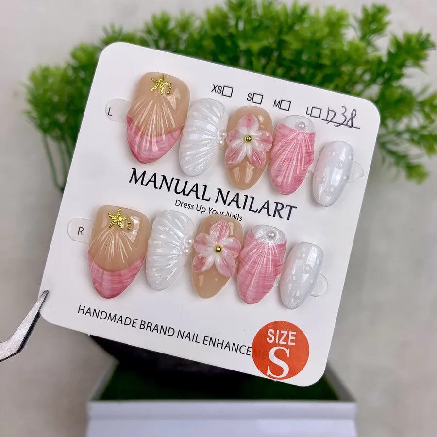 Handmade Detachable Shell Sculpture Cat Eye Almond Nails Ice Transparent Floral Design Wearable False Nails For Women