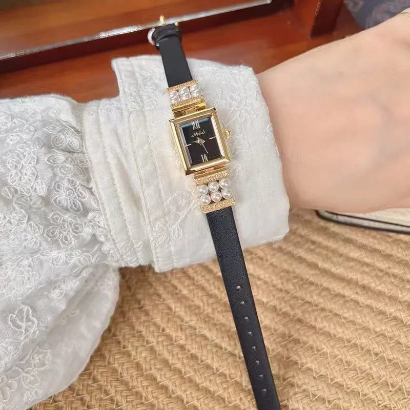 Luxurious Pearl Women's Watch Genuine Leather Strap Quartz Movement Square Face Fashionable Minimalist Design New  Model