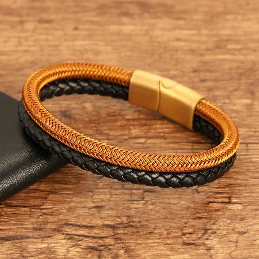 Classic Style Geometric Pu Leather Titanium Steel Woven Chain Wrap Bracelets Wholesale