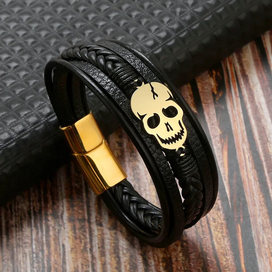 Punk Skull 304 Stainless Steel Pu Leather Braid Halloween Men'S Bracelets