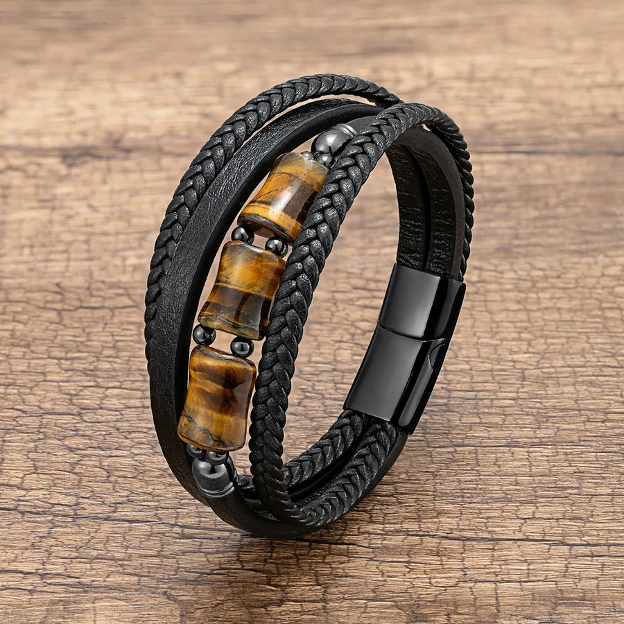 vintage style punk geometric leather rope stone metal layered handmade men's bracelets