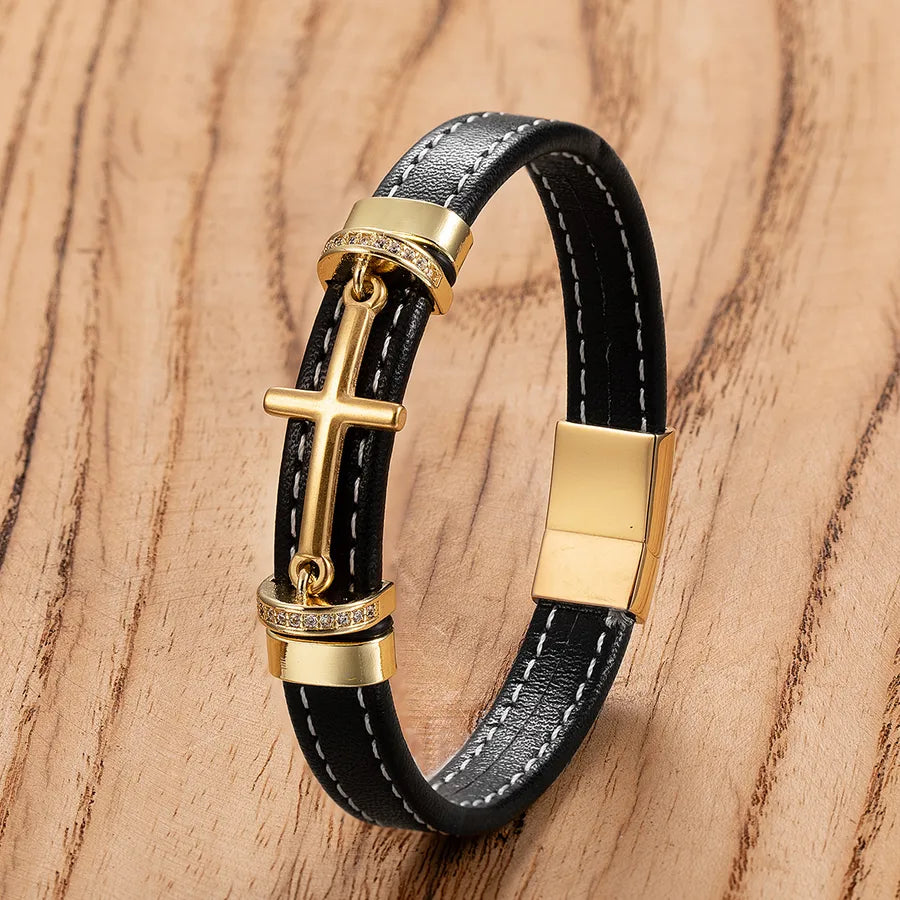 New Men's Fashion Stainless Steel Cross Shelf Accessories Bracelet Personality Woven Leather String Bracelet Ornament Wholesale