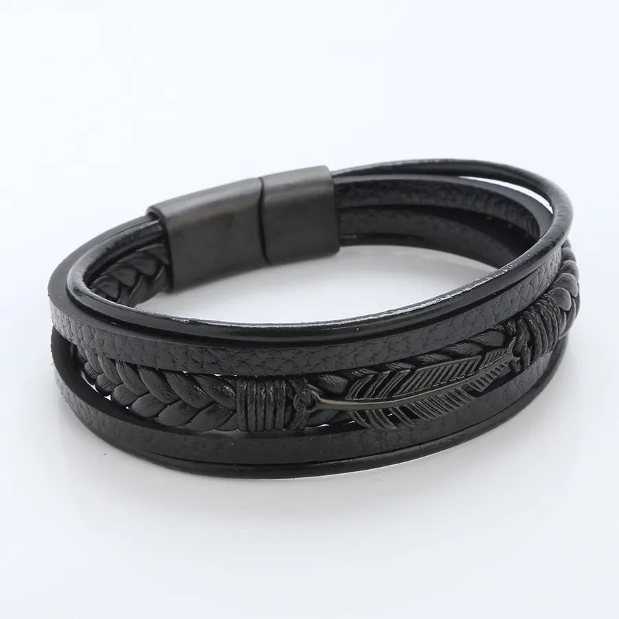 hip-hop rock leaves stainless steel pu leather handmade men's bracelets