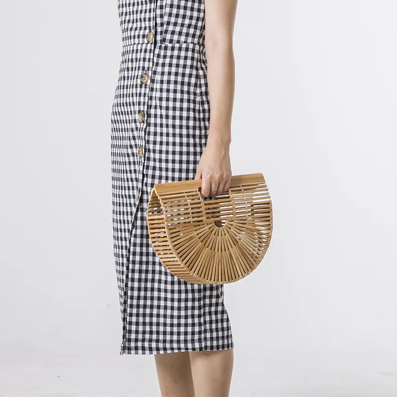 Women's Medium Bamboo Solid Color Vacation Beach Open beach bag