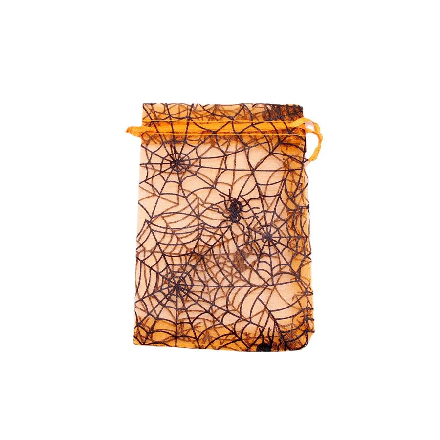Halloween Candy Storage Bag Drawstring Golden Embossed Spider Web Jewelry Bag Gift For Halloween Cloth Material