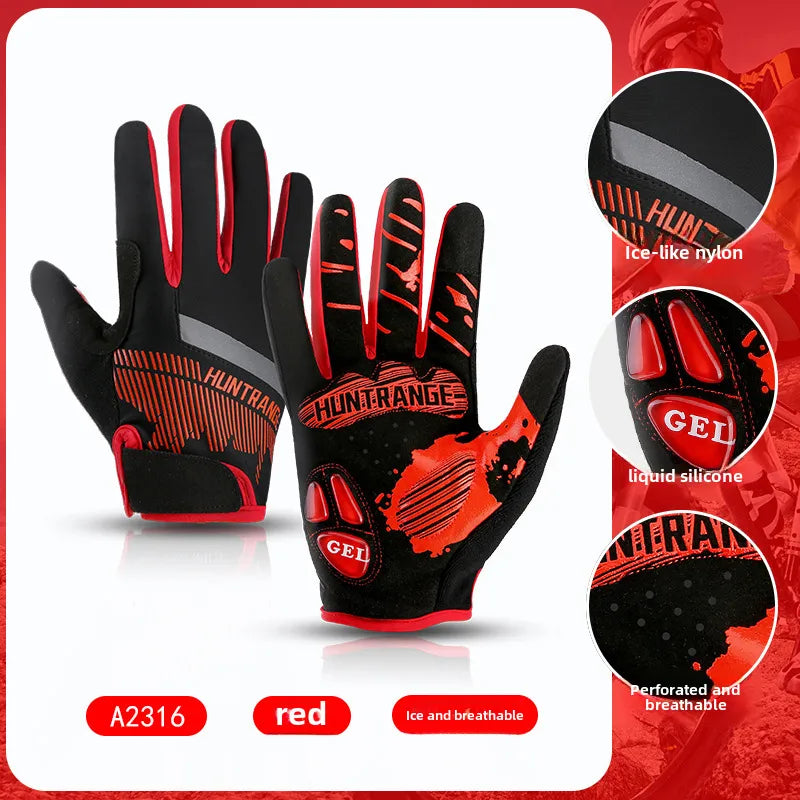 Outdoor Sports Bicycle Long Finger Gloves Touch Screen Nylon Breathable Liquid Silicone Shock Absorbing Spring and Summer Cycling Gloves