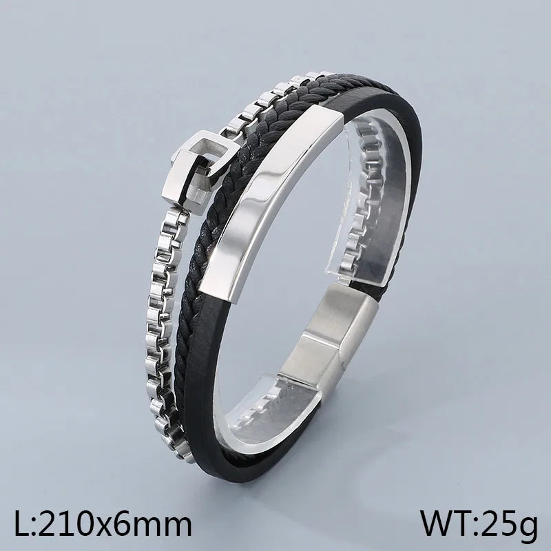 Business Geometric 304 Stainless Steel Leather Layered 18K Gold Plated Men's Bangle