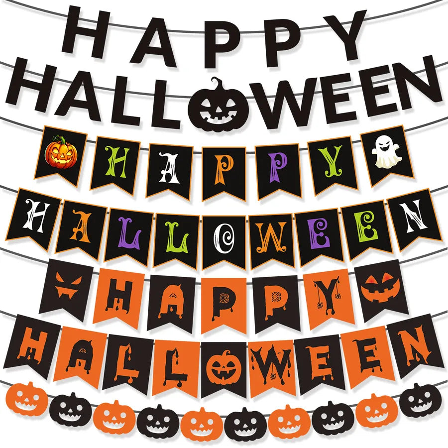 Halloween Party Decoration Pumpkin Ghost Flag Happy Halloween Themed Paper Props For Spooky Festive Atmosphere