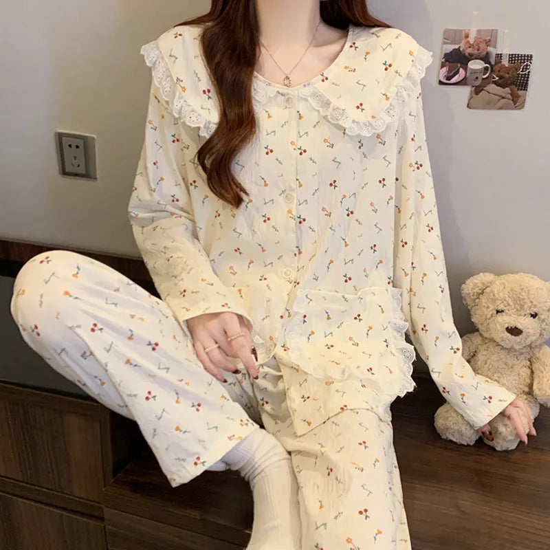 Sweet Cherry Cloud Cotton Long Sleeve Spring Home Clothes Set For Girls Comfortable Breathable Sleepwear Casual Style