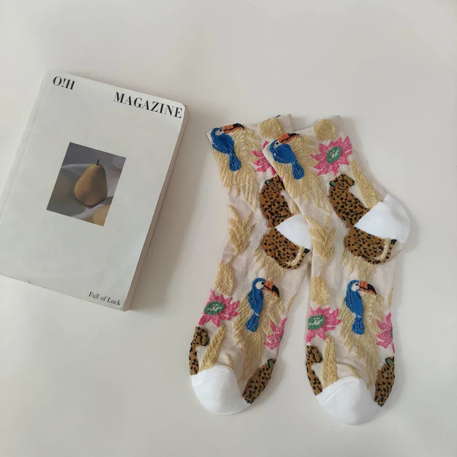 A Pair Casual Women's Printing Flower Cotton Crew Socks