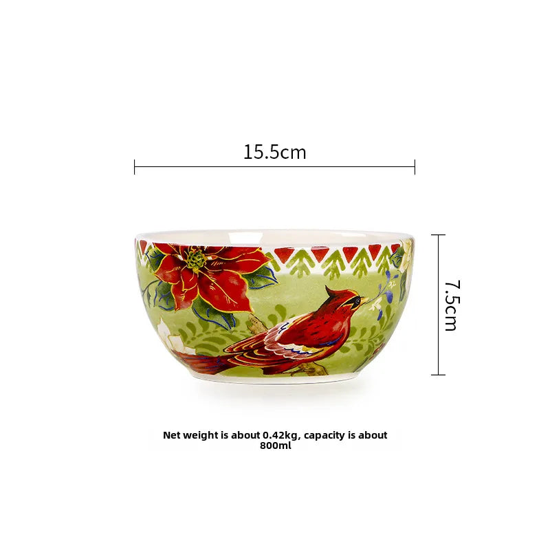 Style Plate Creative Christmas Red Bird Plate Hand-painted Flat Plate Distinctive Rectangular Tray Underglaze Color