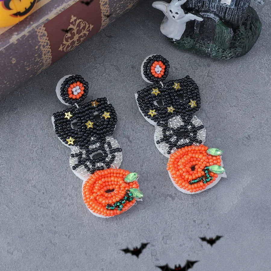 New Halloween Pumpkin Ear Cuff Quirky Individualistic Rice Bead Dangle Earrings Exaggerated Design Sense Fashion Jewelry