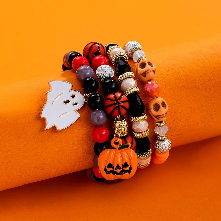 Halloween Alloy Pumpkin Ghost Pendant Resin Skeleton Random Beads Soft Clay Elastic Ladies Bracelet 4 Piece Set Geometric Pattern