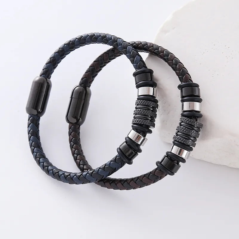 Hip-Hop Double Ring Leather Plating Men's Bracelets