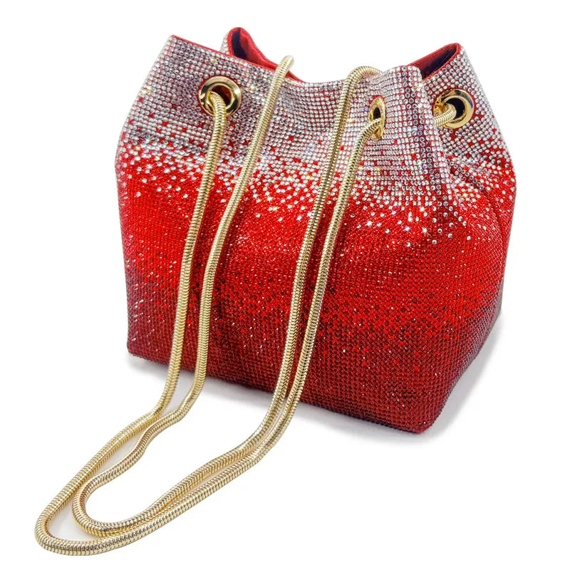Green Pink Pu Leather Gradient Color Rhinestone Bucket Evening Bags
