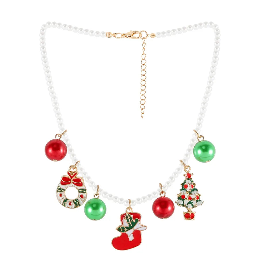 Christmas Cartoon Colorful Red And Green Bell Necklace Festive Christmas Socks Pendant Snowflake Design Women's Jewelry Accessory