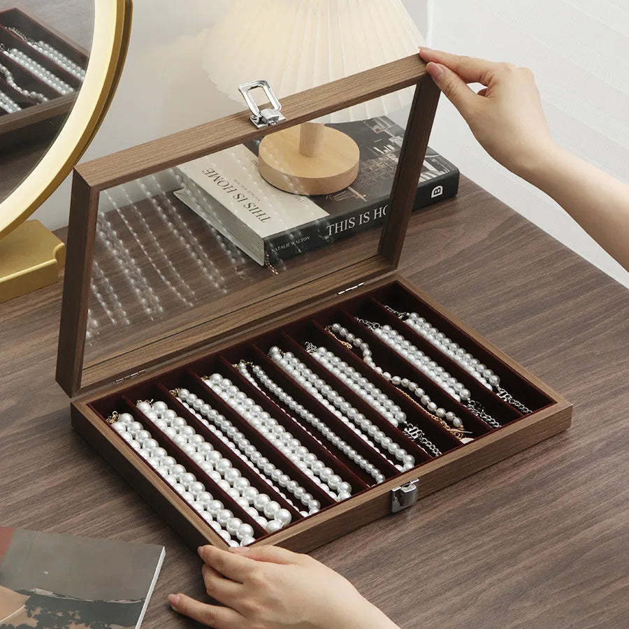 New Ice Grey Pearl Necklace Storage Box With Lid Glass Dustproof Long Bracelet Beads Thick Necklace Jewelry Box Simple Style