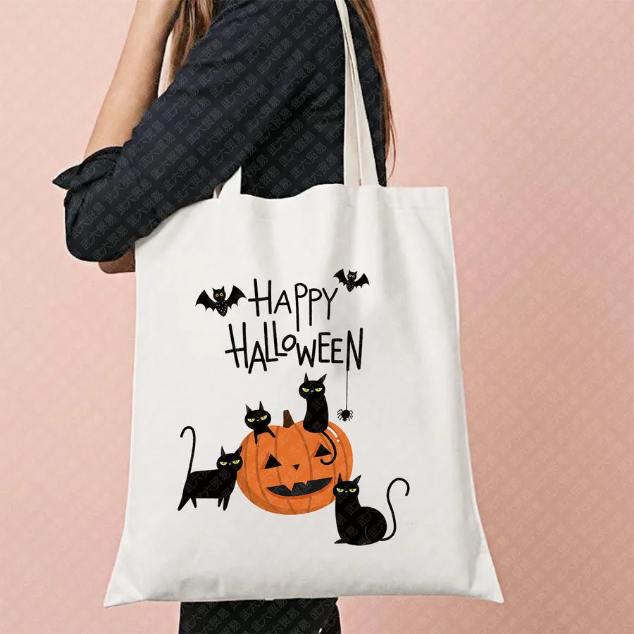 Halloween Witch Pattern Canvas Tote Bag Reusable Shopping Bag For Commuting Traveling Women Large Square Fashionable Bag