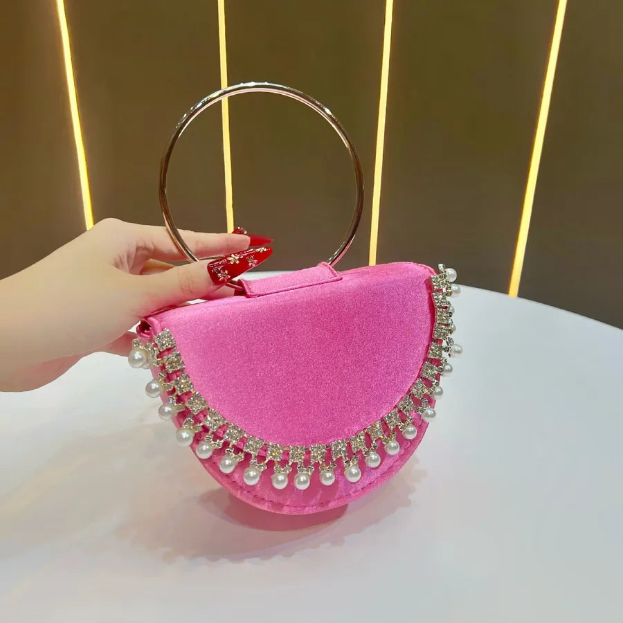 New Women's Round Ring Clutch Bag Rhinestone Evening Handbag Small Red Book Handbag Water Diamond Bags Fashion Elements
