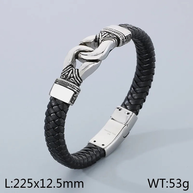 Business Simple Style Totem 304 Stainless Steel Leather 18K Gold Plated Men's Bangle