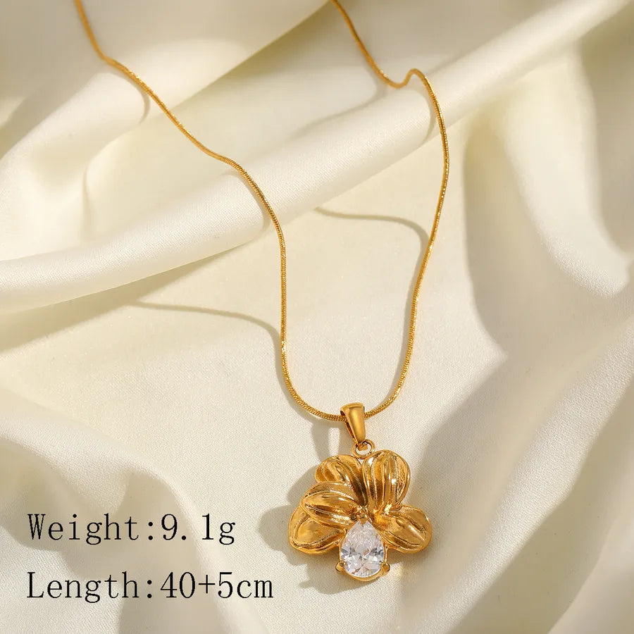 Wholesale Jewelry Elegant Cute Romantic Geometric Water Droplets Flower 304 Stainless Steel Zircon 18K Gold Plated Plating Inlay Twisted Rope Chain Pendant Necklace