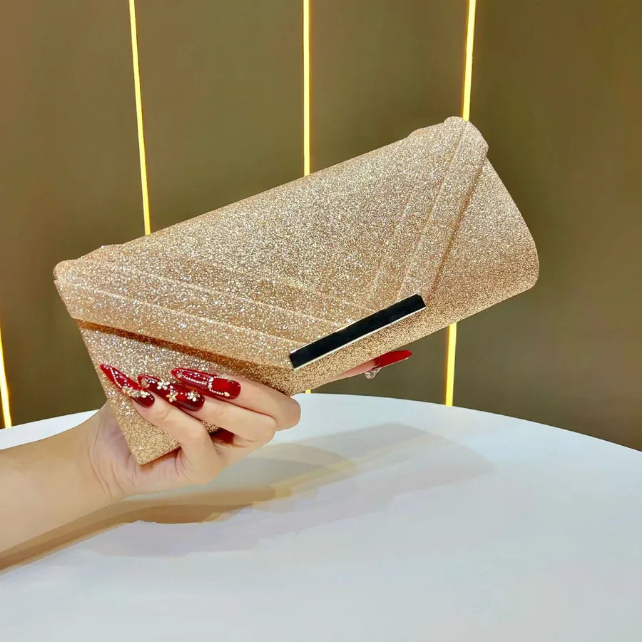 Shiny Evening Bag Clutch Chain Shoulder Bag Luxury Fashionable Polyester Square Envelope Bag Folded Edge Design For Banquet