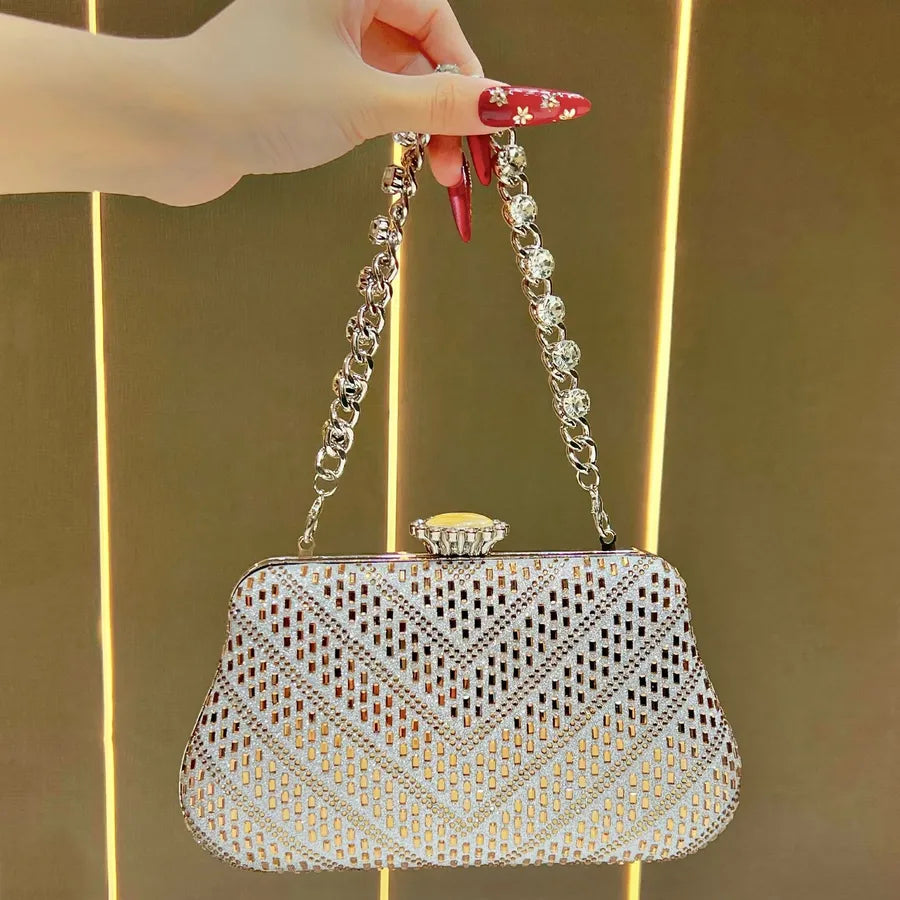 New Women's Party Evening Bag Luxury Diamond Embedded Handbag Single Shoulder Bag Handheld Bag Clutch Bag Polyester Pillow Shape