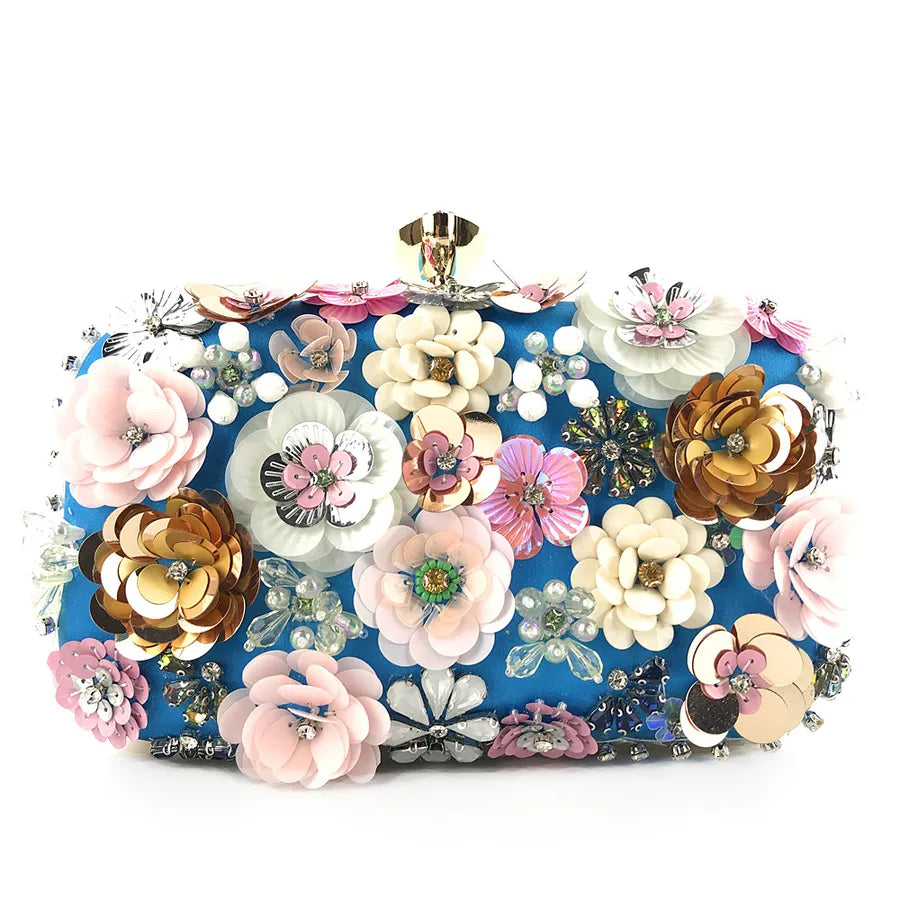yellow blue black satin flower square evening bags
