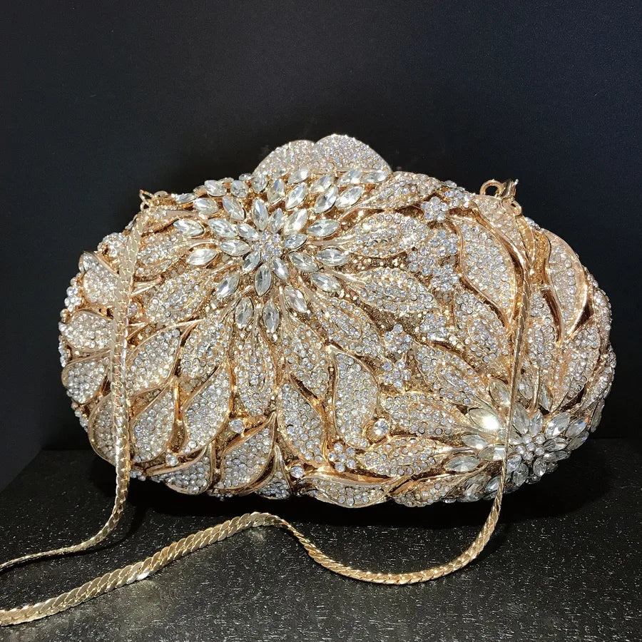 Silver Champagne Rhinestone Metal Leaves Flower Hollow Diamond Oval Evening Bags