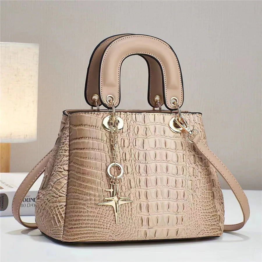 Women's Pu Leather Crocodile Elegant Sewing Thread Bucket Zipper Handbag
