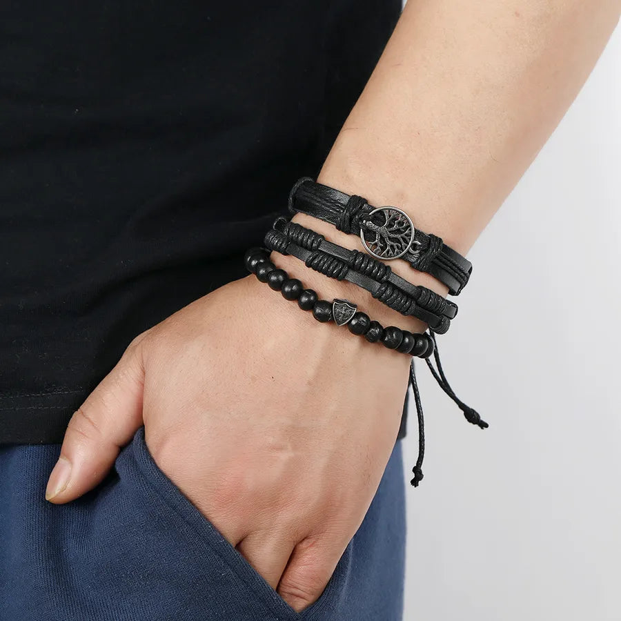 retro geometric pu leather alloy rope men's bracelets