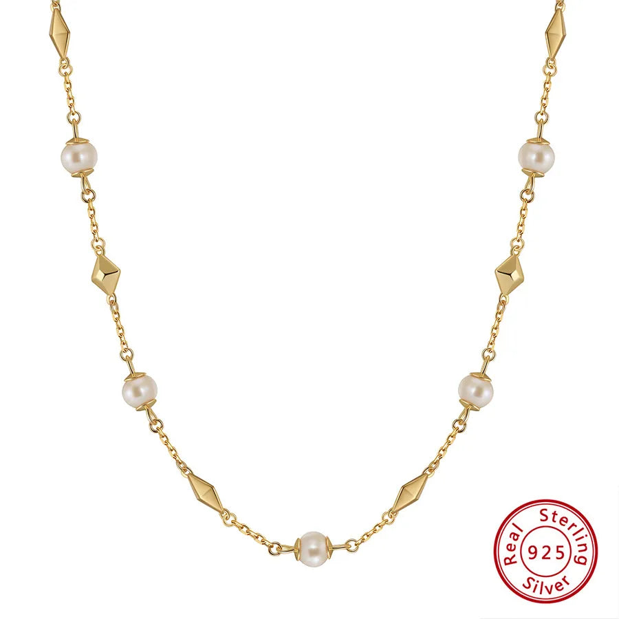 925 Sterling Silver Freshwater Pearl cable chain Plating Geometric Double Layer Necklaces Pendant Necklace Necklace