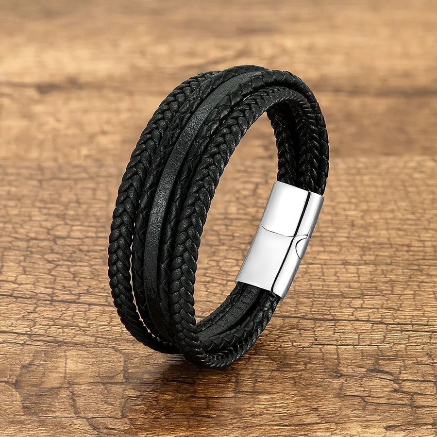 Vintage Style Punk Geometric 316 Stainless Steel  Pu Leather Layered Handmade Metal Button Men's wristband