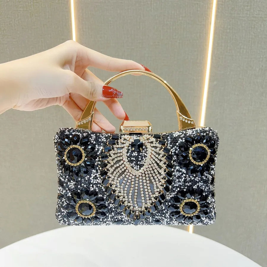 New Heavy Work Diamond Embedded Evening Bag Women's Wedding Banquet Match Cheongsam Handbag Square Shape Single Shoulder Strap