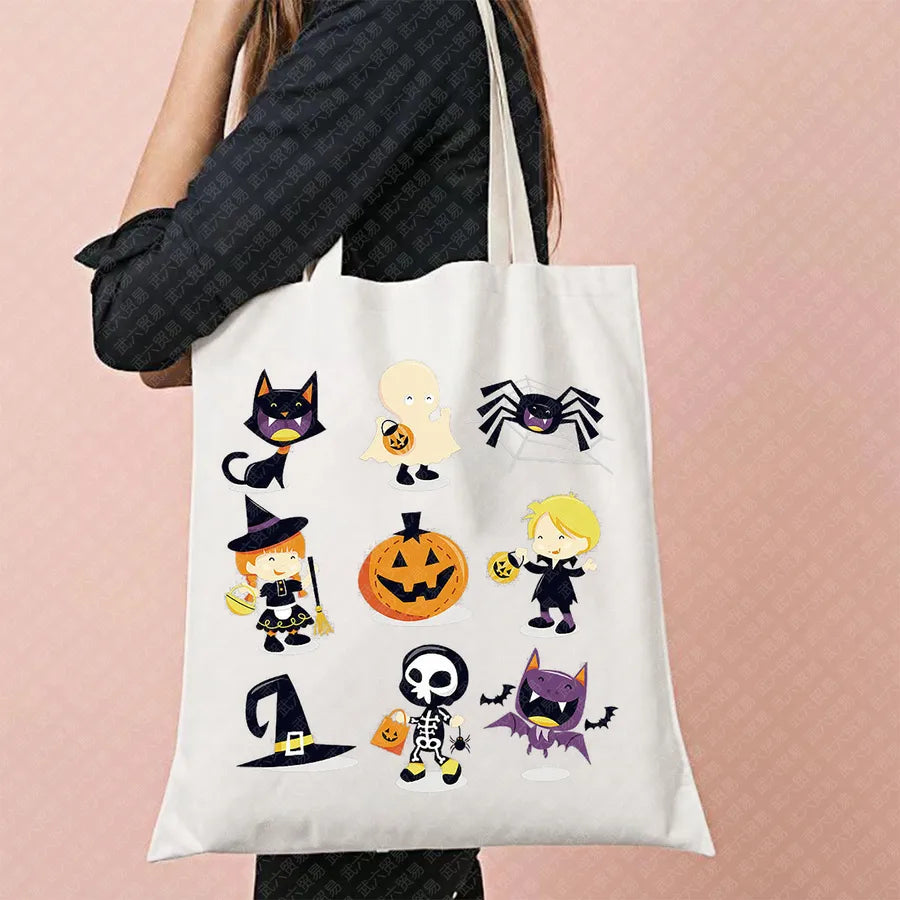 Scary Cat Halloween Pumpkin Pattern Canvas Tote Bag Reusable Shopping Bag Large Square Shape Double Shoulder Strap Tote Bag
